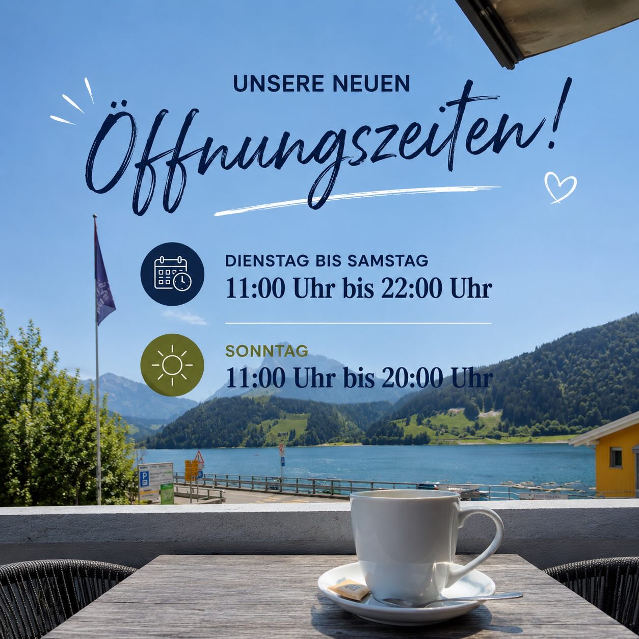 💙💚 Zeit für Genuss. Zeit für Seeblick.

Ab sofort gelten unsere neuen Öffnungszeiten:

Dienstag bis Samstag
11:00 Uhr bis 22:00 Uhr
Sonntag
11:00 Uhr bis 20:00 Uhr

Wir freuen uns auf euren Besuch und darauf, viele schöne Momente mit euch am Wägitalersee zu teilen.

Euer Seeblick Team ☕🏔️🌊 

#SeeblickWägital #Wägital #RestaurantSeeblick #NeueÖffnungszeiten #AuszeitAmSee